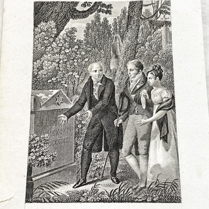 Early 19th - French Sentimental Engraving - Village Cemetery Scene - Historical Illustration of Love and Family Mourning