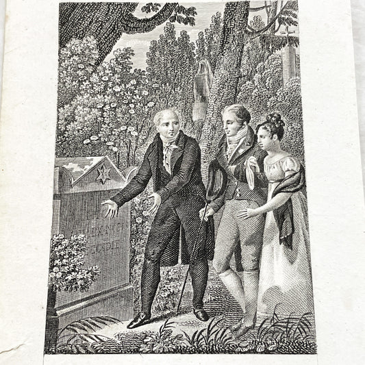 Early 19th - French Sentimental Engraving - Village Cemetery Scene - Historical Illustration of Love and Family Mourning