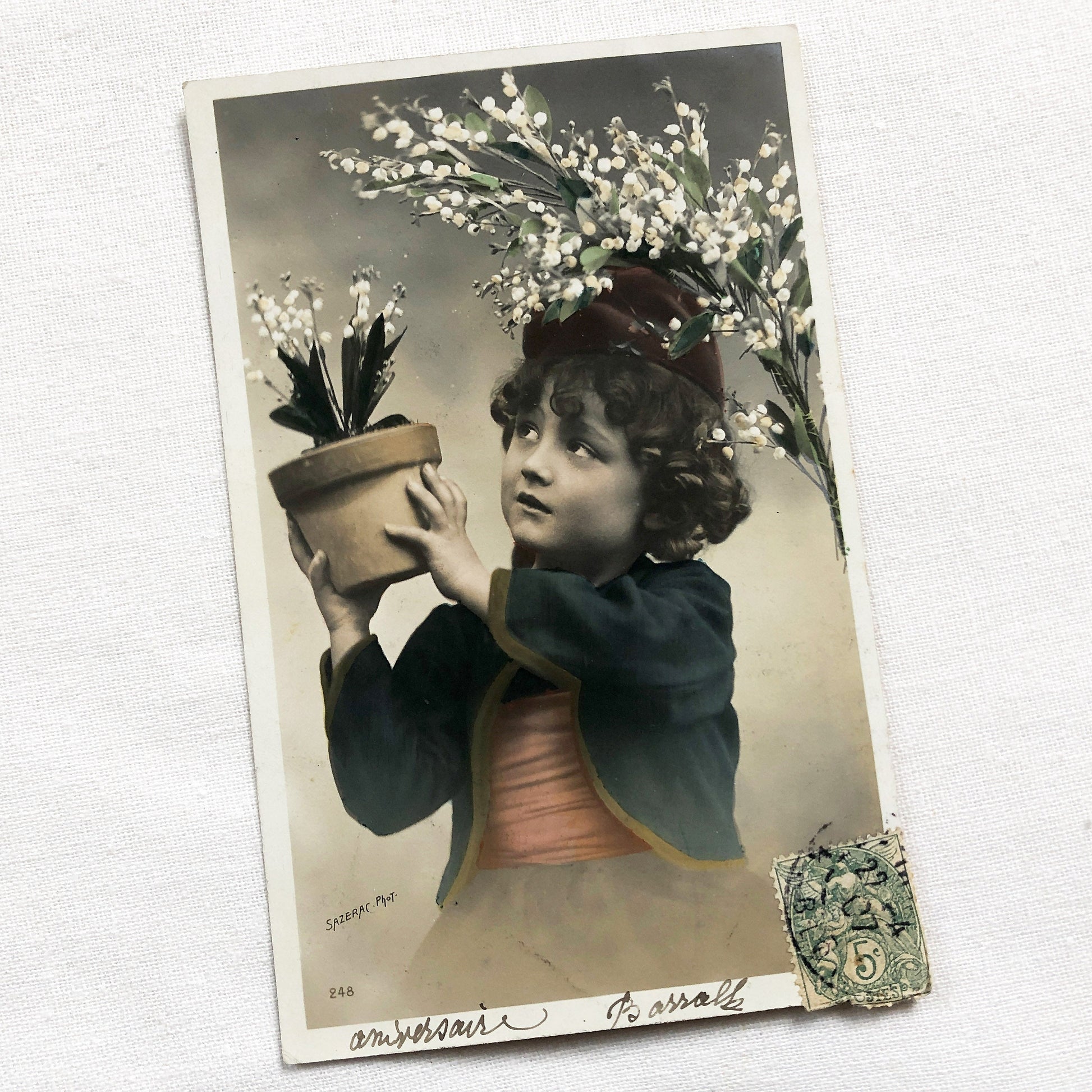1900s - Charming Antique French Lily Of The Valley Postcard - Young Child Portrait - Muguet Spring Blossom Greeting Card