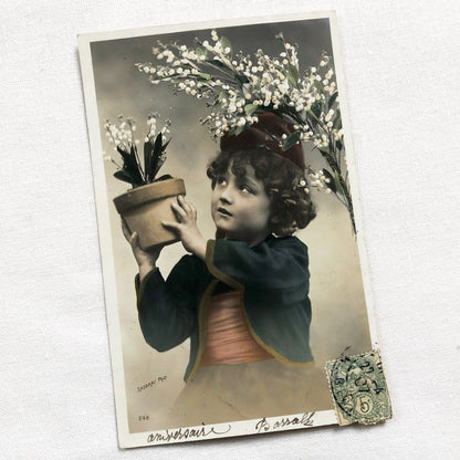 1900s - Charming Antique French Lily Of The Valley Postcard - Young Child Portrait - Muguet Spring Blossom Greeting Card