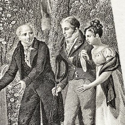 Early 19th - French Sentimental Engraving - Village Cemetery Scene - Historical Illustration of Love and Family Mourning