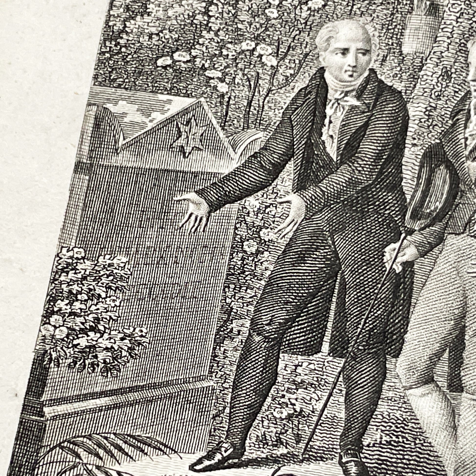 Early 19th - French Sentimental Engraving - Village Cemetery Scene - Historical Illustration of Love and Family Mourning