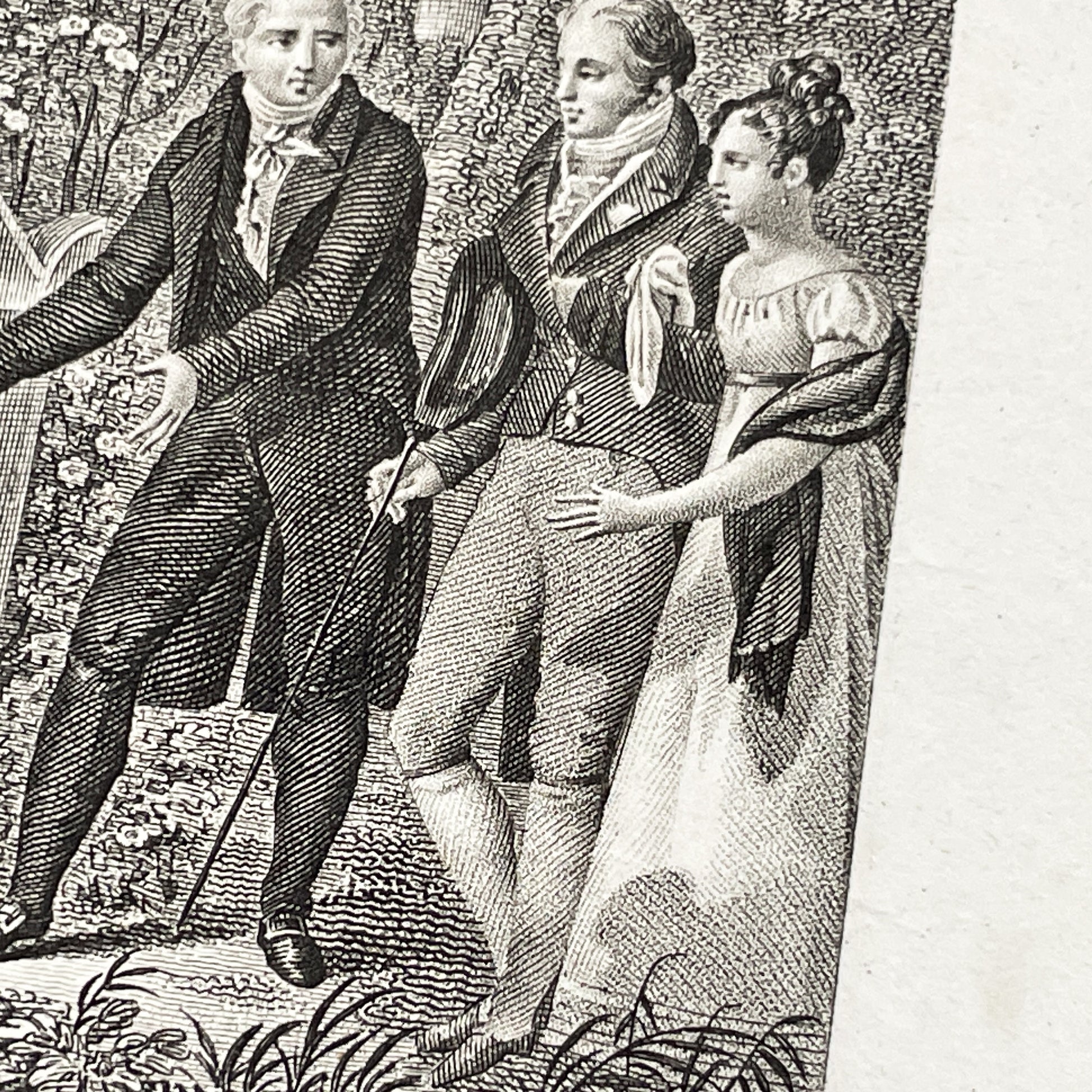 Early 19th - French Sentimental Engraving - Village Cemetery Scene - Historical Illustration of Love and Family Mourning