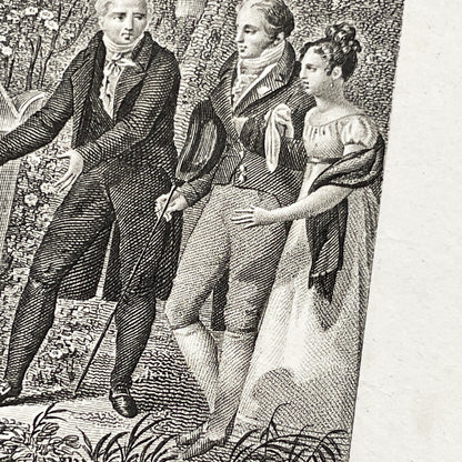 Early 19th - French Sentimental Engraving - Village Cemetery Scene - Historical Illustration of Love and Family Mourning