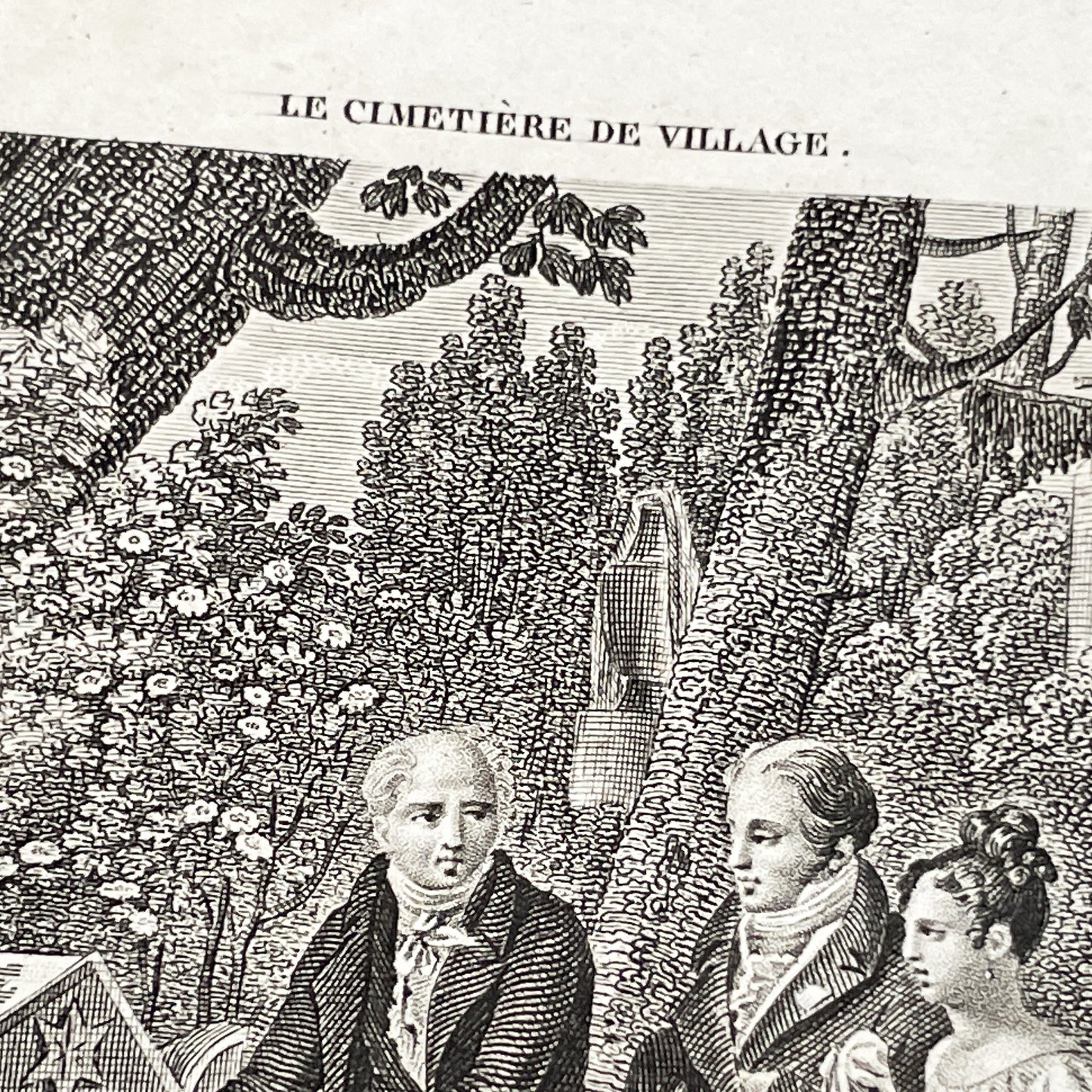 Early 19th - French Sentimental Engraving - Village Cemetery Scene - Historical Illustration of Love and Family Mourning