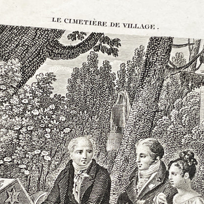 Early 19th - French Sentimental Engraving - Village Cemetery Scene - Historical Illustration of Love and Family Mourning
