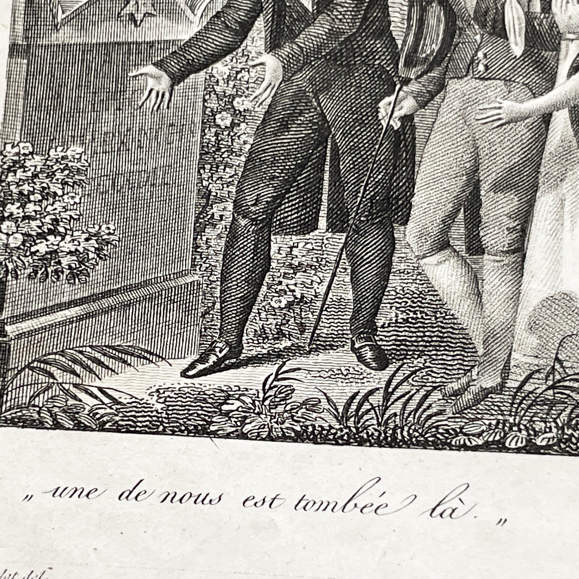 Early 19th - French Sentimental Engraving - Village Cemetery Scene - Historical Illustration of Love and Family Mourning
