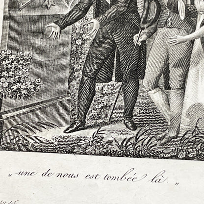 Early 19th - French Sentimental Engraving - Village Cemetery Scene - Historical Illustration of Love and Family Mourning