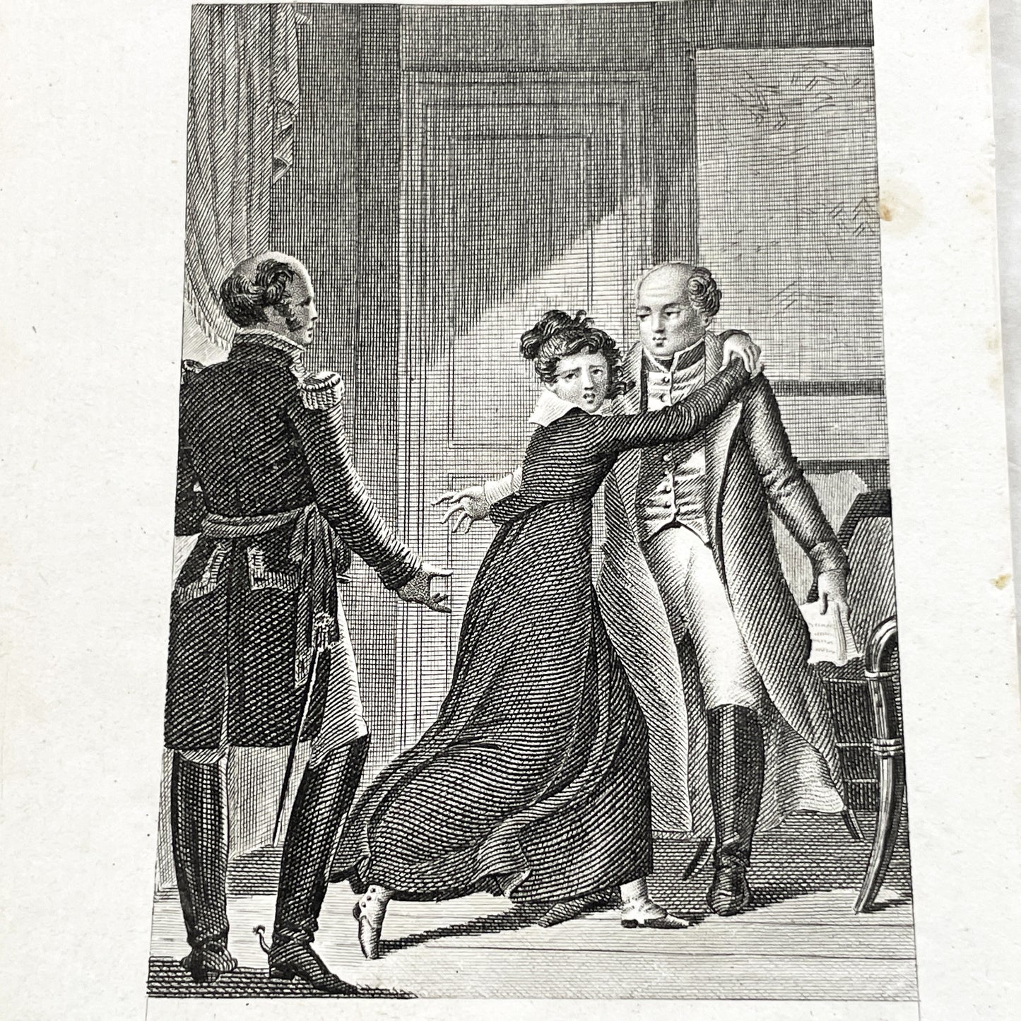 Early 19th - French Engraving - Dramatic Scene with Military Officer, Woman, and Man - Illustration by Chasselat