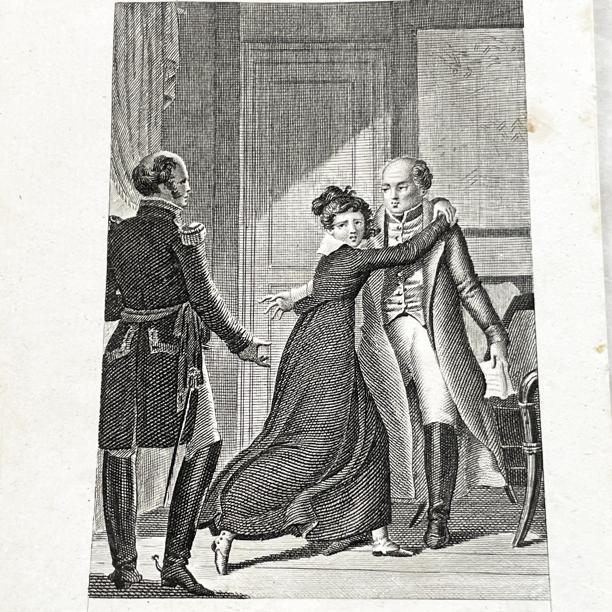 Early 19th - French Engraving - Dramatic Scene with Military Officer, Woman, and Man - Illustration by Chasselat