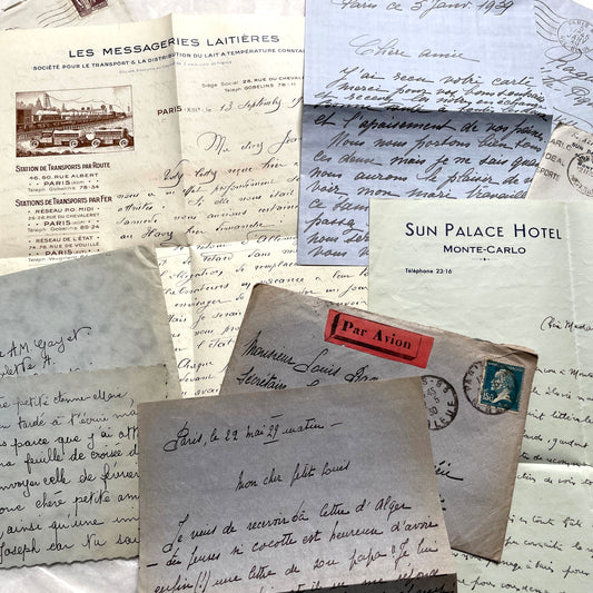Lot of 1930s French letters and documents - vintage handwritten correspondence, Paris postmarks, hotel stationery.