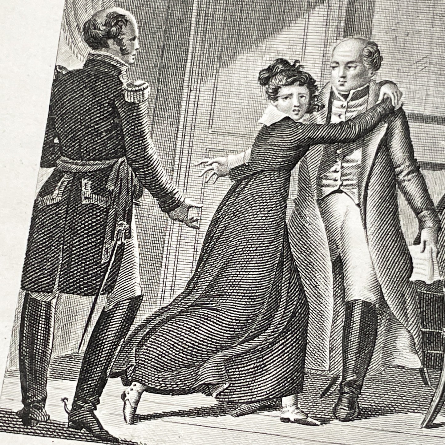 Early 19th - French Engraving - Dramatic Scene with Military Officer, Woman, and Man - Illustration by Chasselat