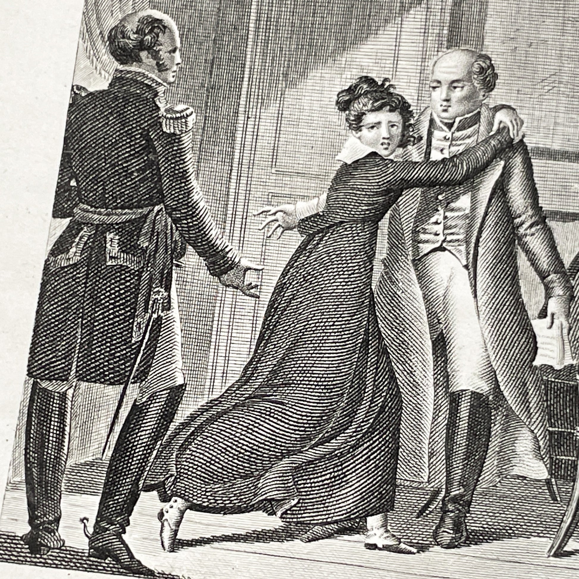 Early 19th - French Engraving - Dramatic Scene with Military Officer, Woman, and Man - Illustration by Chasselat