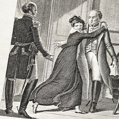 Early 19th - French Engraving - Dramatic Scene with Military Officer, Woman, and Man - Illustration by Chasselat