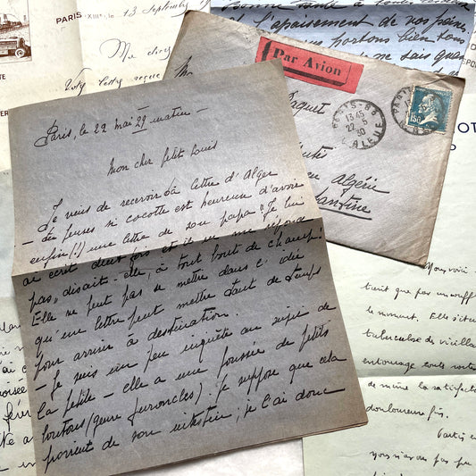 Lot of 1930s French letters and documents - vintage handwritten correspondence, Paris postmarks, hotel stationery.