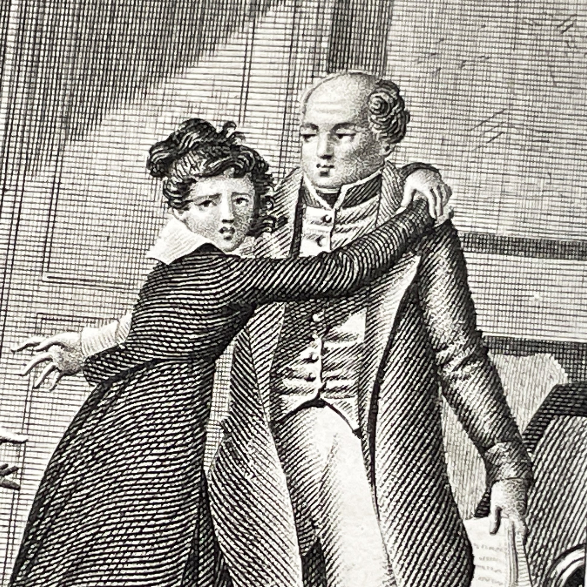 Early 19th - French Engraving - Dramatic Scene with Military Officer, Woman, and Man - Illustration by Chasselat