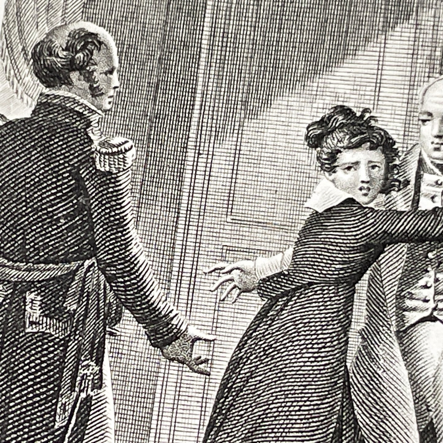 Early 19th - French Engraving - Dramatic Scene with Military Officer, Woman, and Man - Illustration by Chasselat