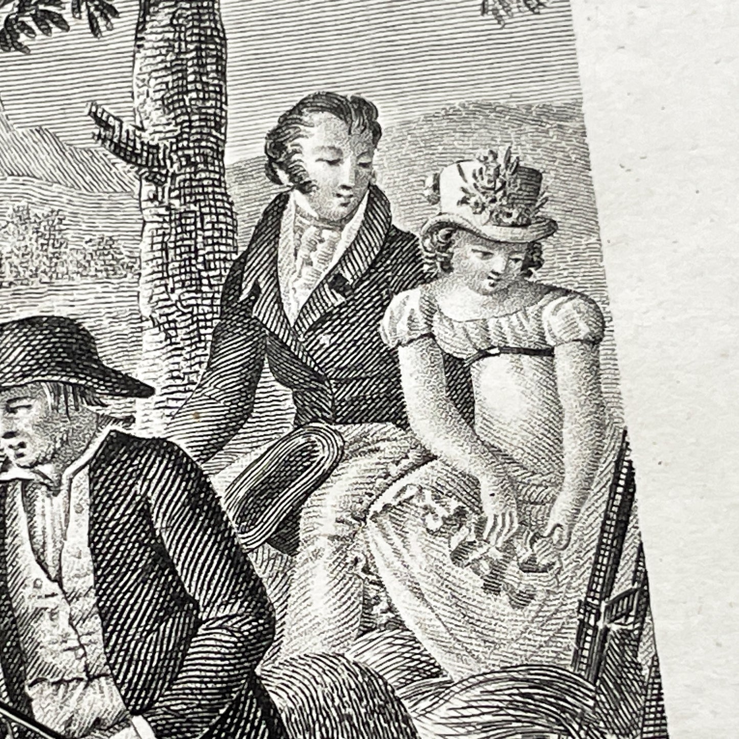 Early 19th - Antique French Print - Le Cabriolet Versé - Humorous Engraving - Rural Scene - Man Leading Donkey Cart - Passengers