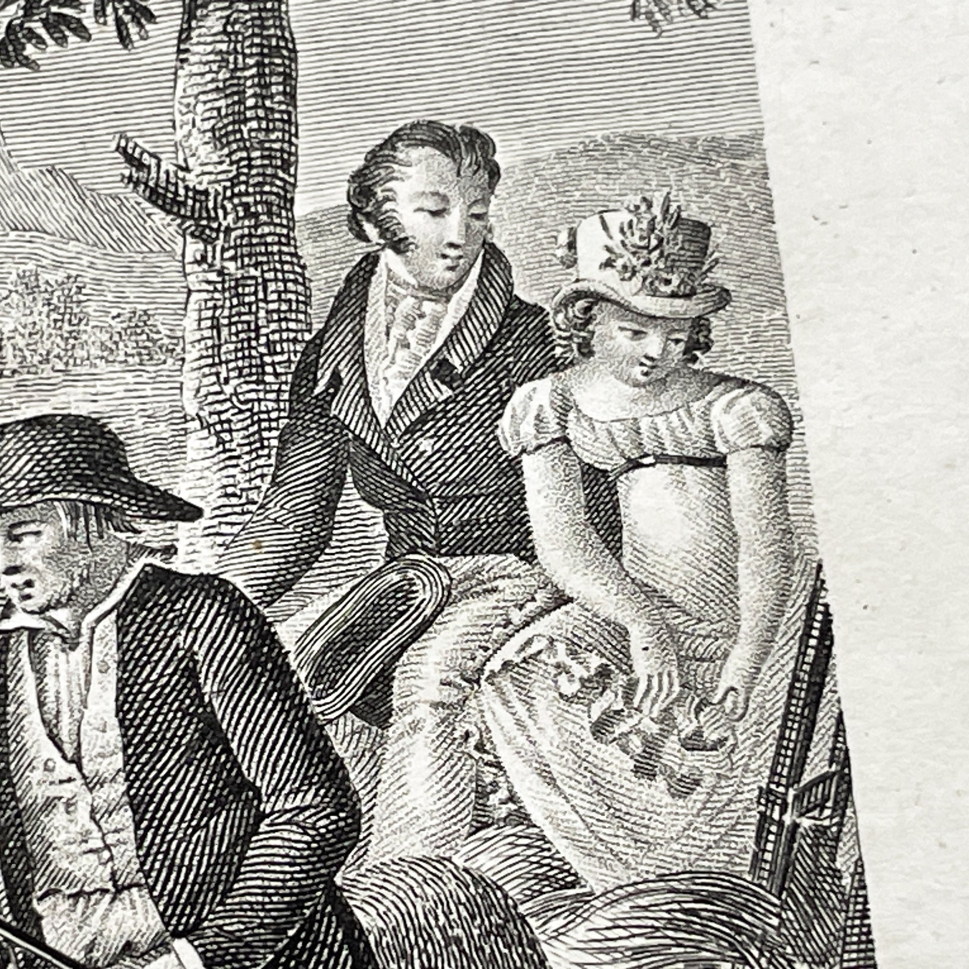 Early 19th - Antique French Print - Le Cabriolet Versé - Humorous Engraving - Rural Scene - Man Leading Donkey Cart - Passengers