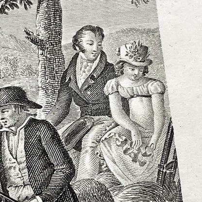 Early 19th - Antique French Print - Le Cabriolet Versé - Humorous Engraving - Rural Scene - Man Leading Donkey Cart - Passengers
