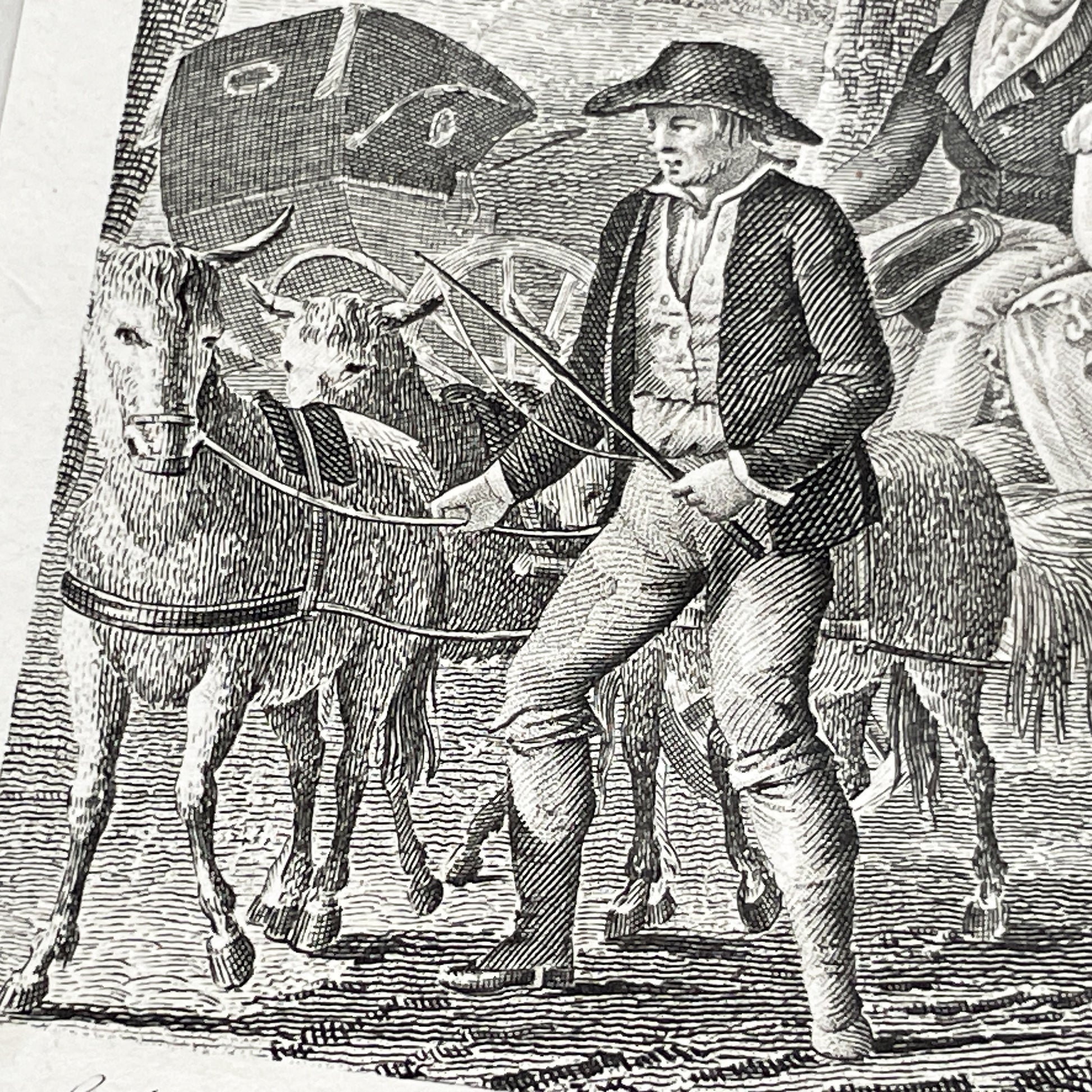 Early 19th - Antique French Print - Le Cabriolet Versé - Humorous Engraving - Rural Scene - Man Leading Donkey Cart - Passengers