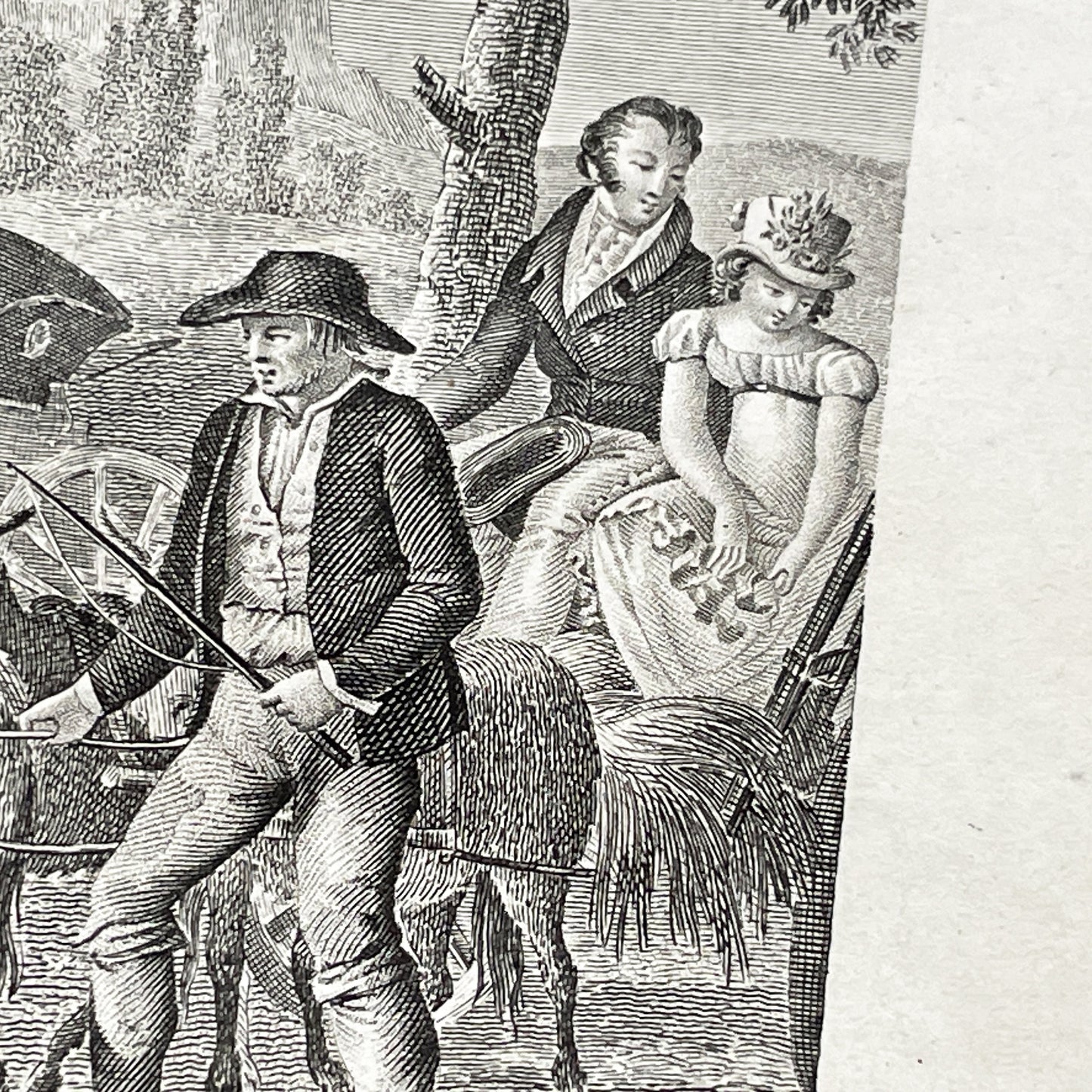 Early 19th - Antique French Print - Le Cabriolet Versé - Humorous Engraving - Rural Scene - Man Leading Donkey Cart - Passengers