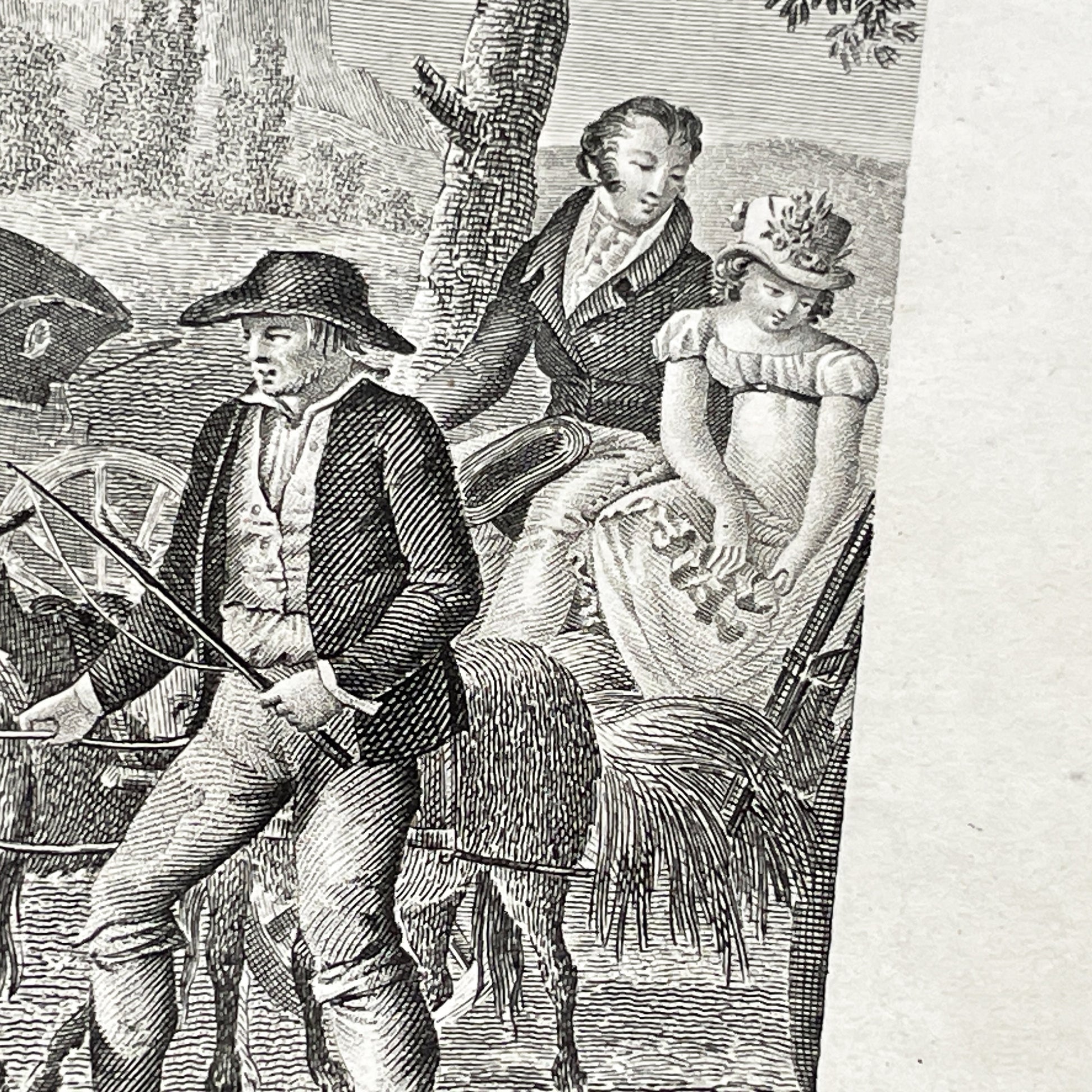 Early 19th - Antique French Print - Le Cabriolet Versé - Humorous Engraving - Rural Scene - Man Leading Donkey Cart - Passengers