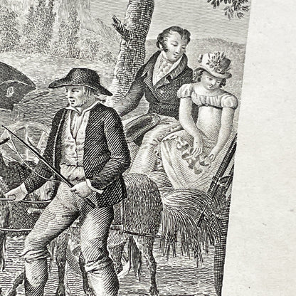 Early 19th - Antique French Print - Le Cabriolet Versé - Humorous Engraving - Rural Scene - Man Leading Donkey Cart - Passengers