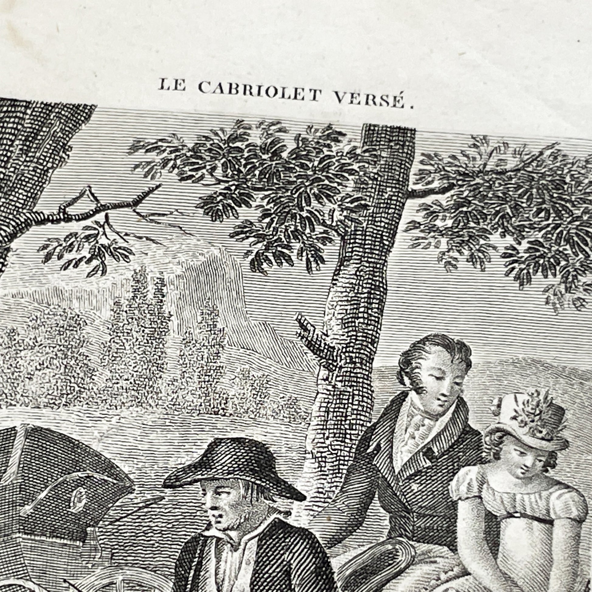 Early 19th - Antique French Print - Le Cabriolet Versé - Humorous Engraving - Rural Scene - Man Leading Donkey Cart - Passengers
