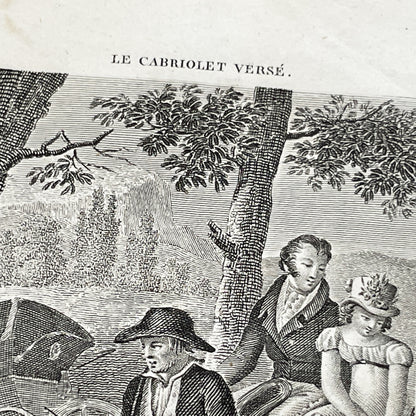 Early 19th - Antique French Print - Le Cabriolet Versé - Humorous Engraving - Rural Scene - Man Leading Donkey Cart - Passengers