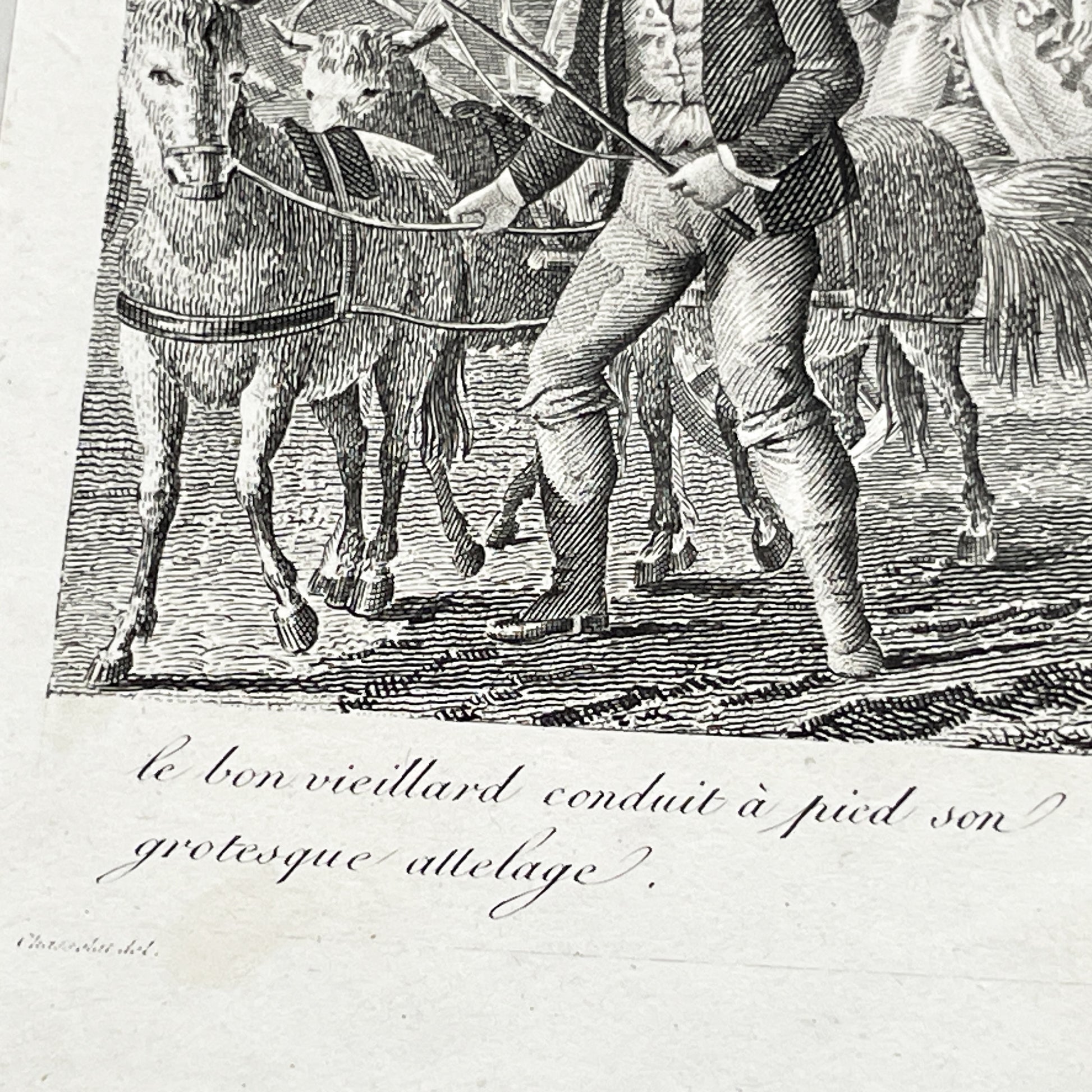 Early 19th - Antique French Print - Le Cabriolet Versé - Humorous Engraving - Rural Scene - Man Leading Donkey Cart - Passengers