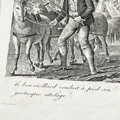 Early 19th - Antique French Print - Le Cabriolet Versé - Humorous Engraving - Rural Scene - Man Leading Donkey Cart - Passengers