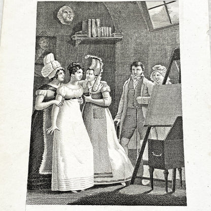 Early 19th - Antique French Print - Foster Sisters Reunion Engraving - Regency Fashion - Sentimental Bond - Historical Art