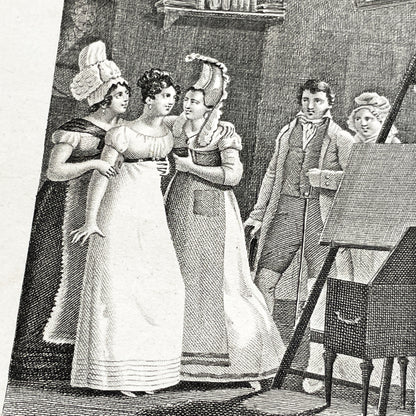 Early 19th - Antique French Print - Foster Sisters Reunion Engraving - Regency Fashion - Sentimental Bond - Historical Art