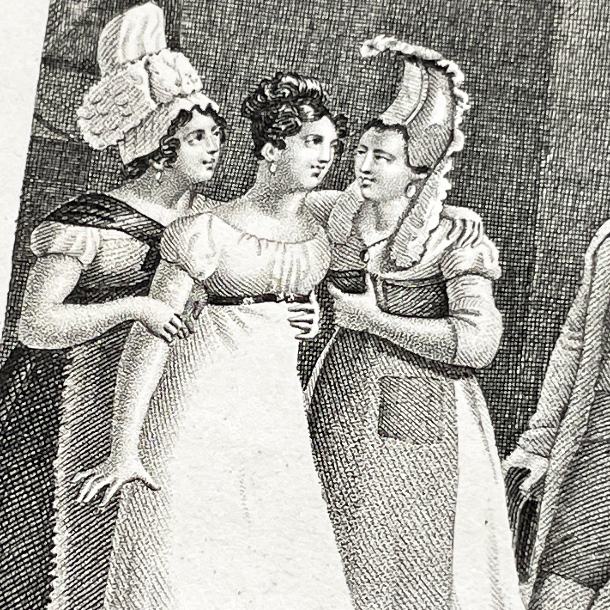 Early 19th - Antique French Print - Foster Sisters Reunion Engraving - Regency Fashion - Sentimental Bond - Historical Art
