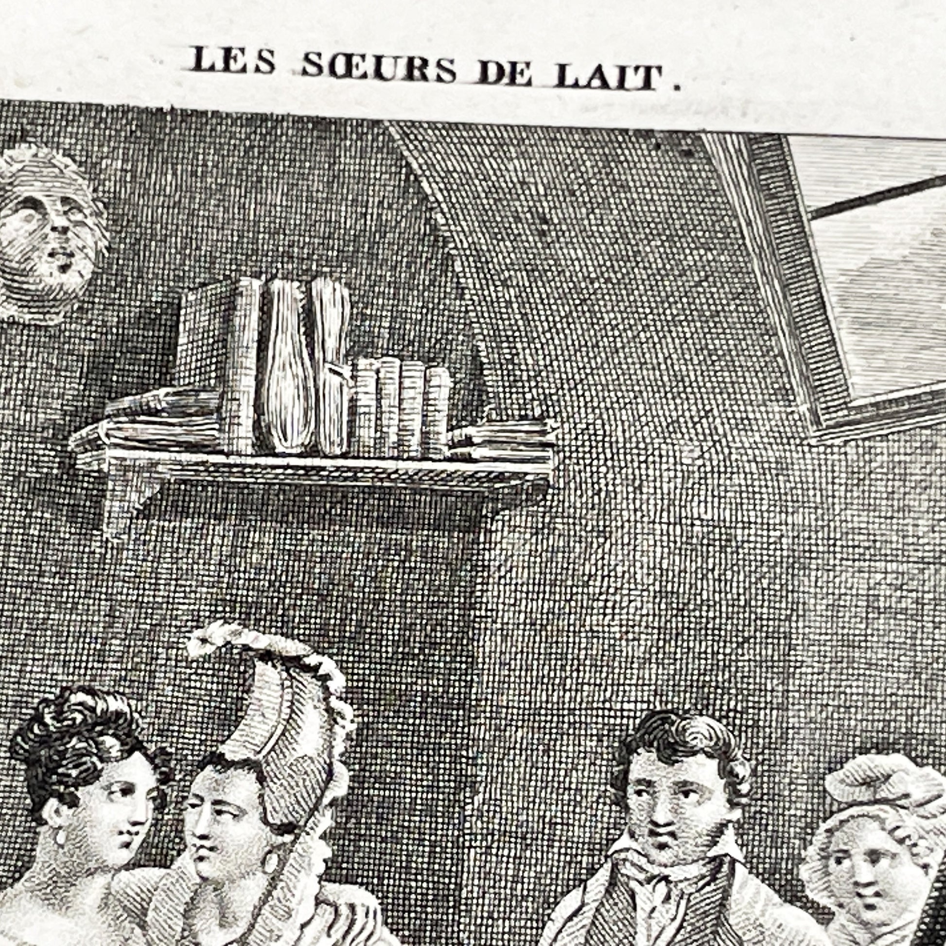 Early 19th - Antique French Print - Foster Sisters Reunion Engraving - Regency Fashion - Sentimental Bond - Historical Art