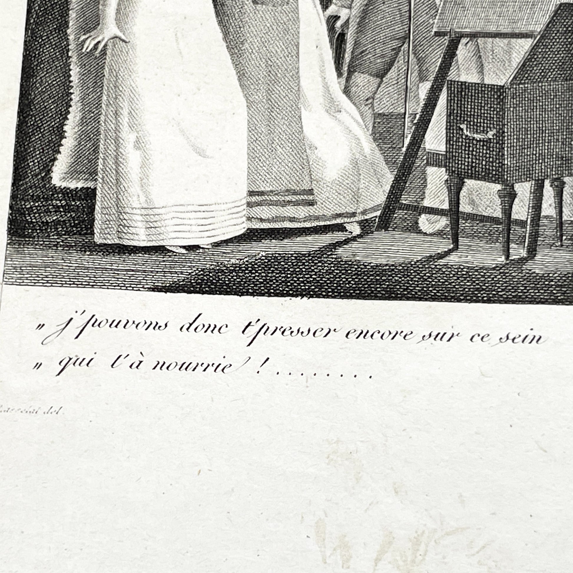 Early 19th - Antique French Print - Foster Sisters Reunion Engraving - Regency Fashion - Sentimental Bond - Historical Art