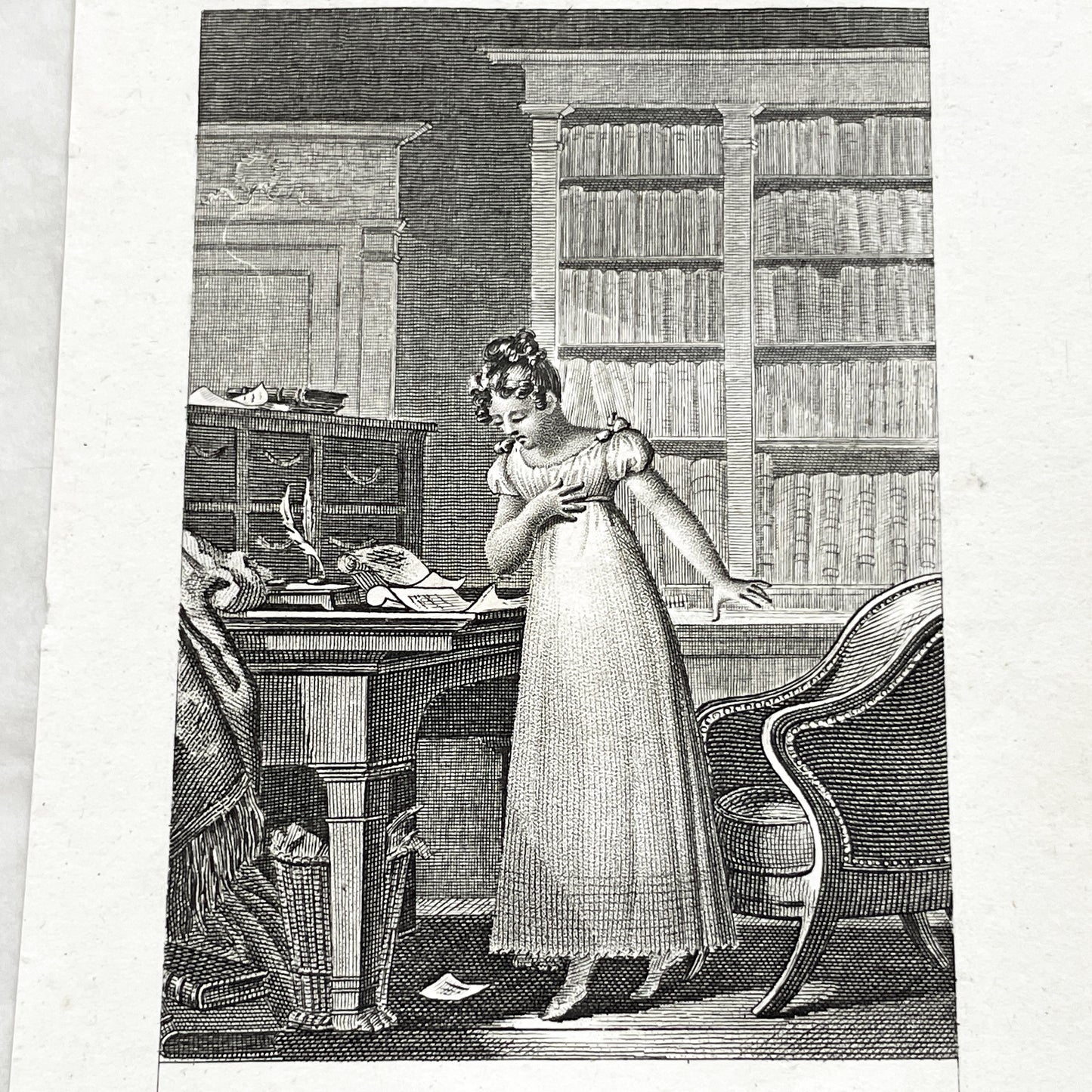 Early 19th - Dramatic Regency Era Engraving - Woman Reacting to a Will - French Historical Print - Emotional Interior Scene Art