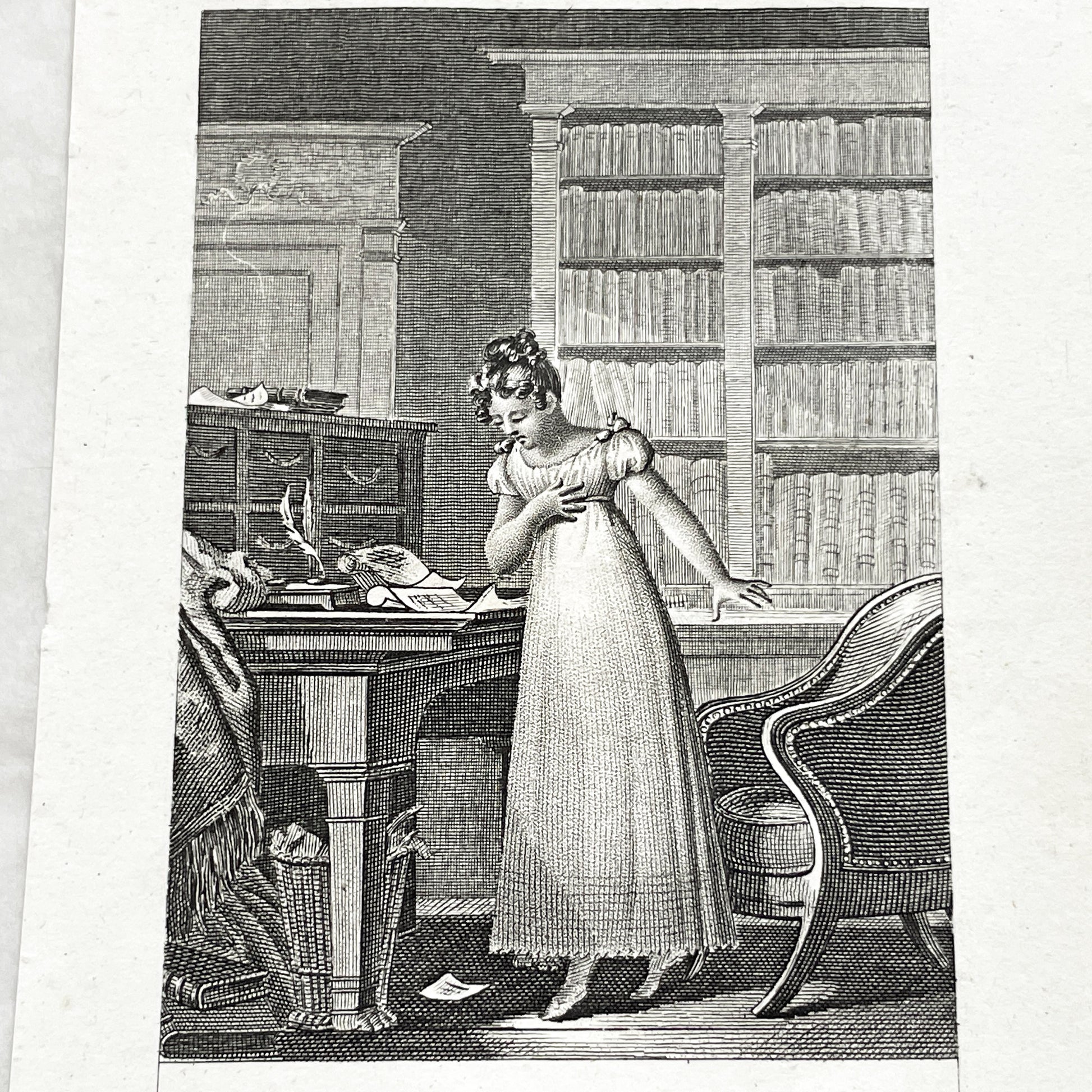 Early 19th - Dramatic Regency Era Engraving - Woman Reacting to a Will - French Historical Print - Emotional Interior Scene Art