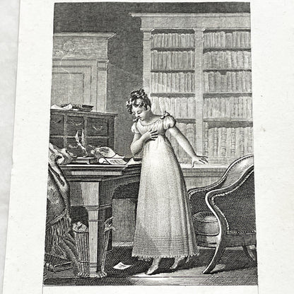 Early 19th - Dramatic Regency Era Engraving - Woman Reacting to a Will - French Historical Print - Emotional Interior Scene Art