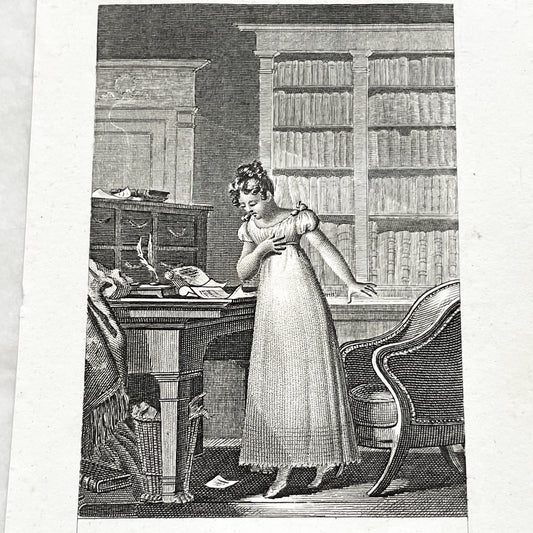 Early 19th - Dramatic Regency Era Engraving - Woman Reacting to a Will - French Historical Print - Emotional Interior Scene Art