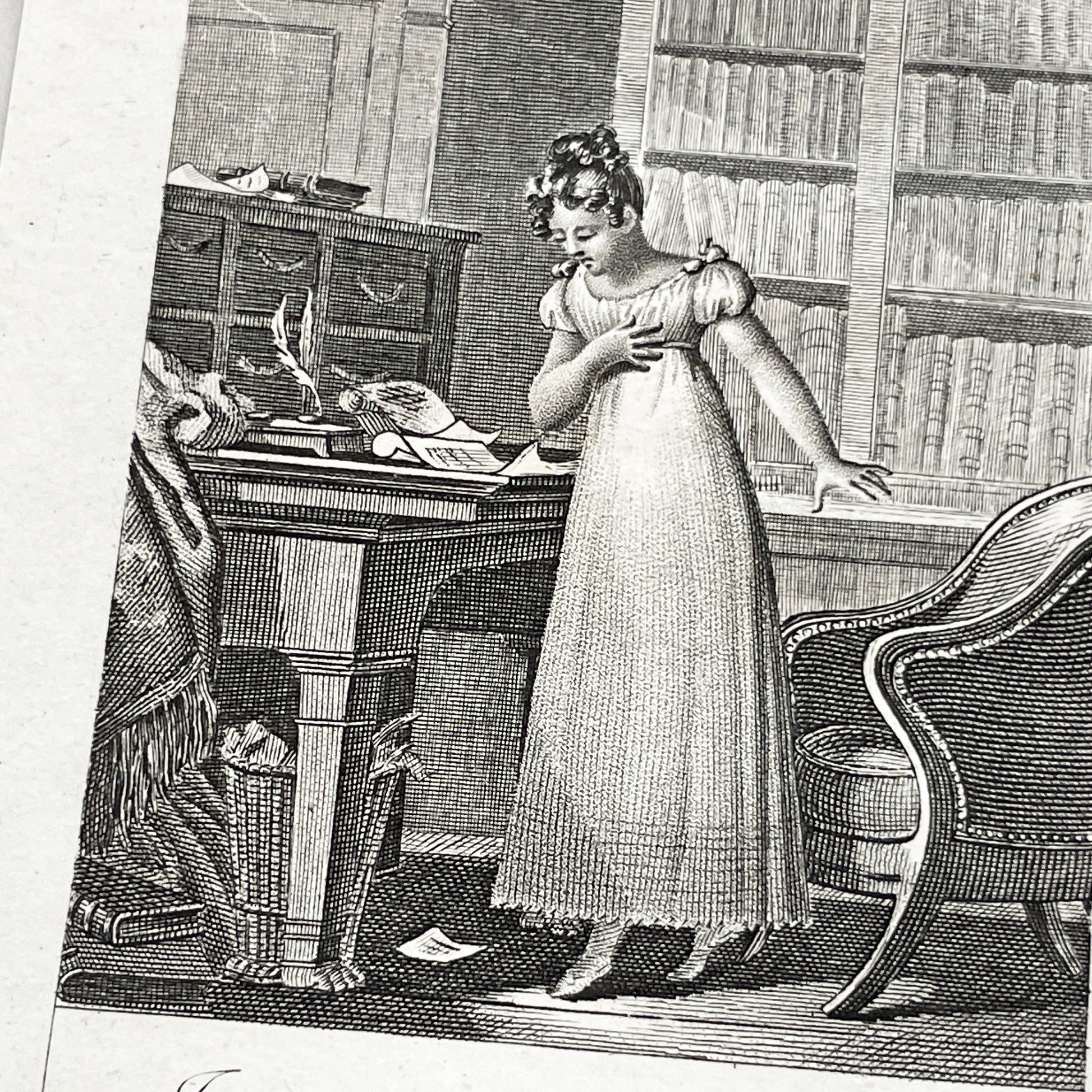 Early 19th - Dramatic Regency Era Engraving - Woman Reacting to a Will - French Historical Print - Emotional Interior Scene Art