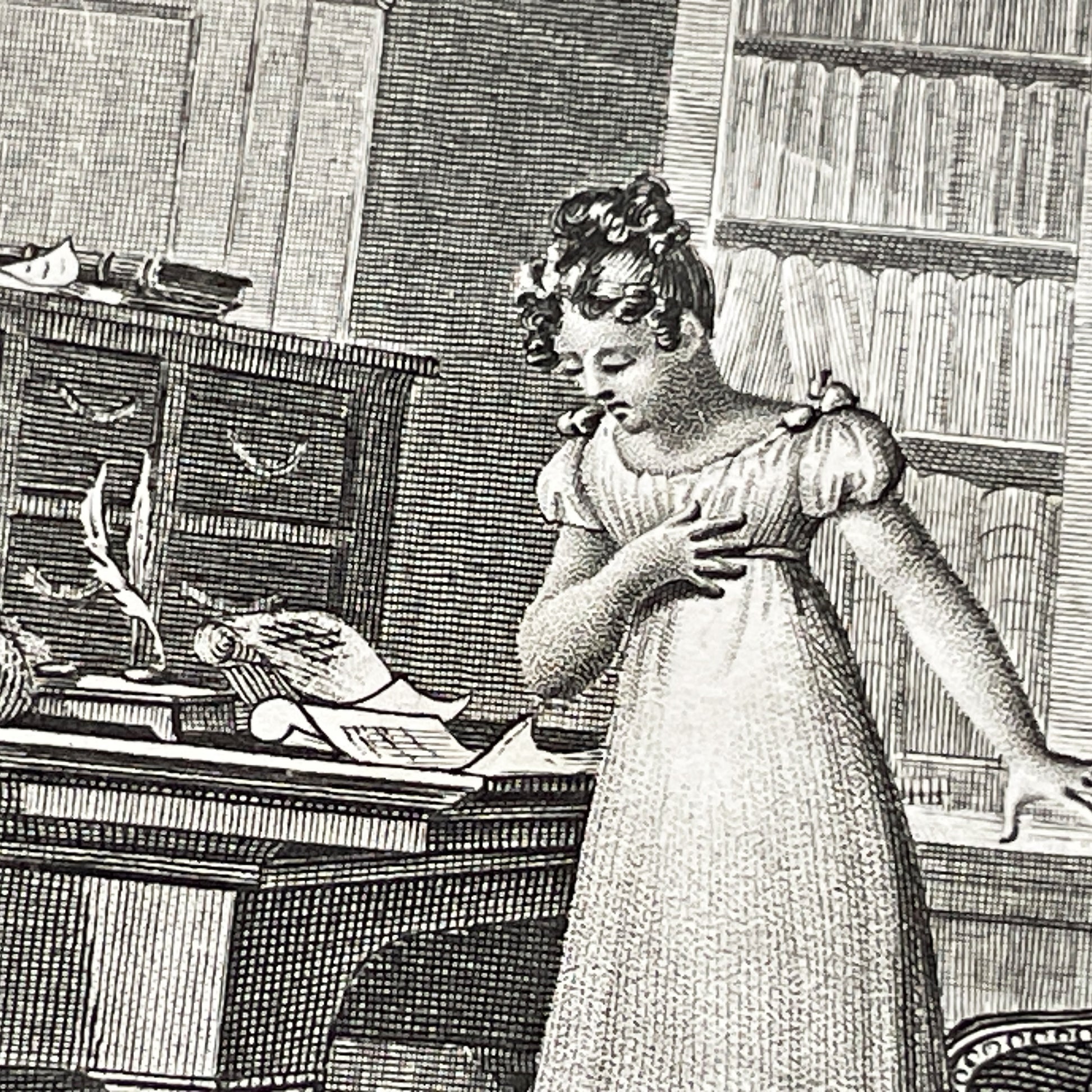 Early 19th - Dramatic Regency Era Engraving - Woman Reacting to a Will - French Historical Print - Emotional Interior Scene Art
