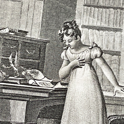 Early 19th - Dramatic Regency Era Engraving - Woman Reacting to a Will - French Historical Print - Emotional Interior Scene Art