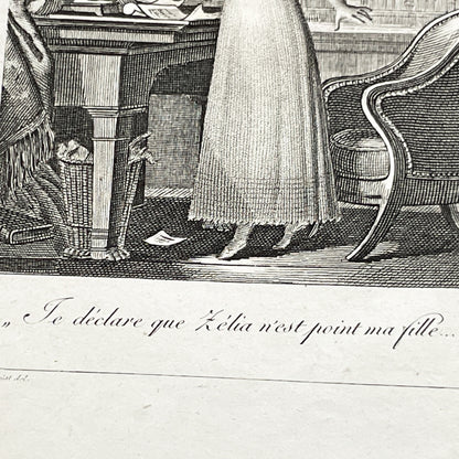Early 19th - Dramatic Regency Era Engraving - Woman Reacting to a Will - French Historical Print - Emotional Interior Scene Art