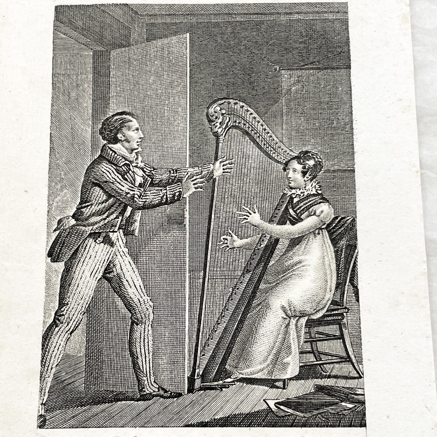 Early 19th - Chromo Print - Father and Daughter Musical Scene with Harp - Sentimental French Engraving - Romantic Period Collectible
