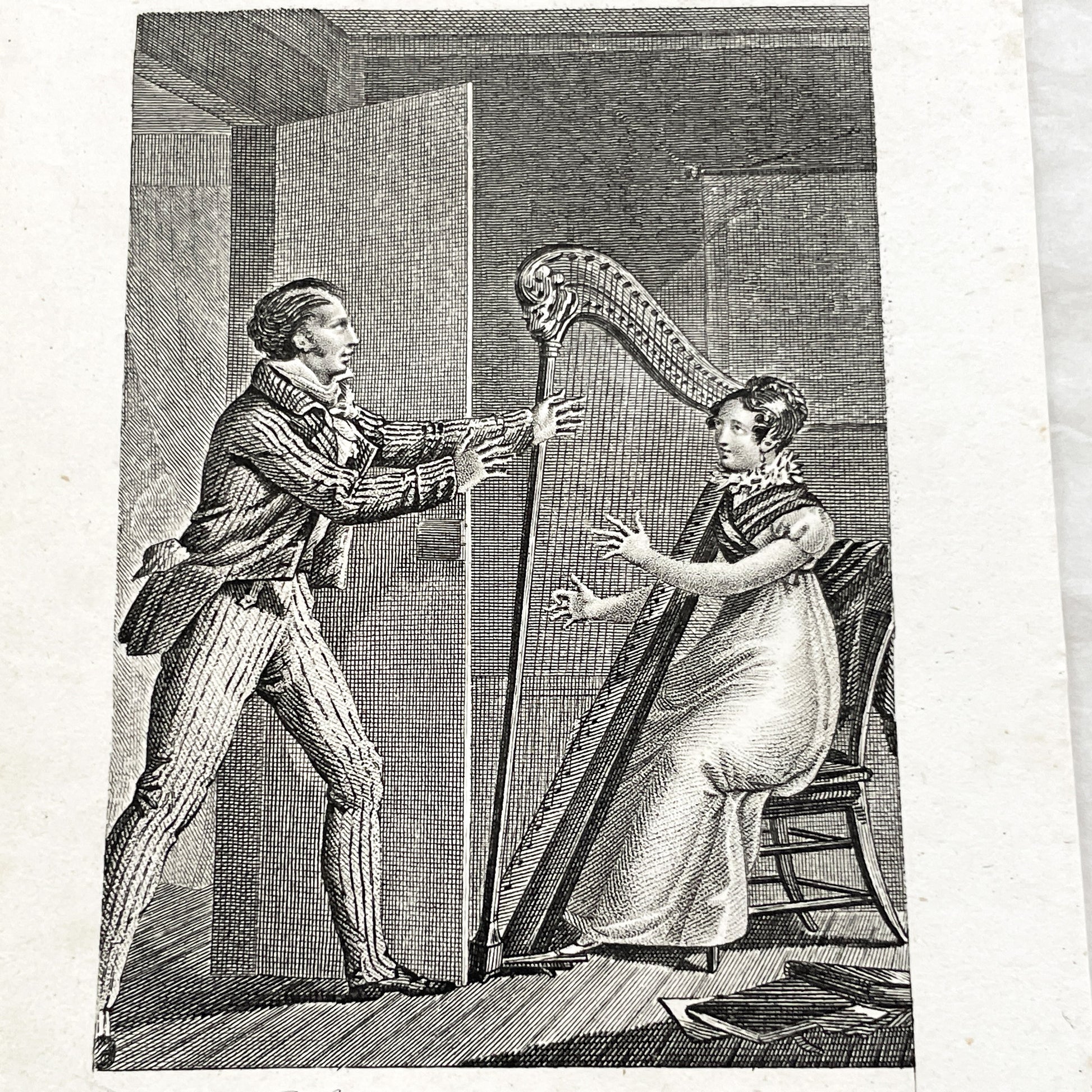 Early 19th - Chromo Print - Father and Daughter Musical Scene with Harp - Sentimental French Engraving - Romantic Period Collectible