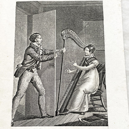 Early 19th - Chromo Print - Father and Daughter Musical Scene with Harp - Sentimental French Engraving - Romantic Period Collectible
