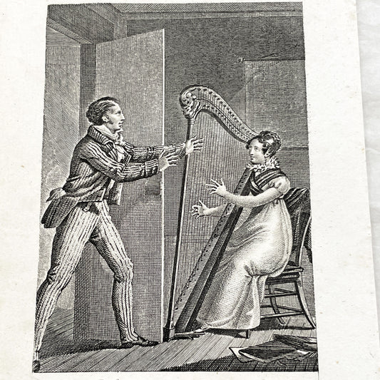 Early 19th - Chromo Print - Father and Daughter Musical Scene with Harp - Sentimental French Engraving - Romantic Period Collectible
