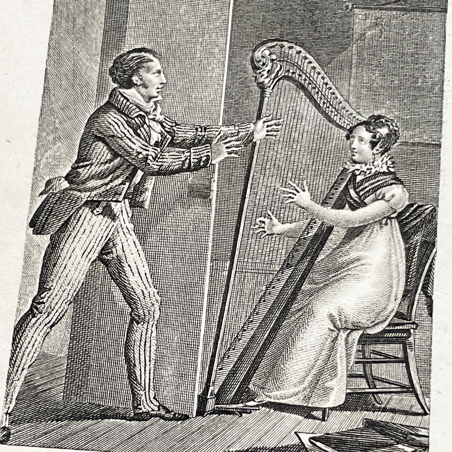 Early 19th - Chromo Print - Father and Daughter Musical Scene with Harp - Sentimental French Engraving - Romantic Period Collectible